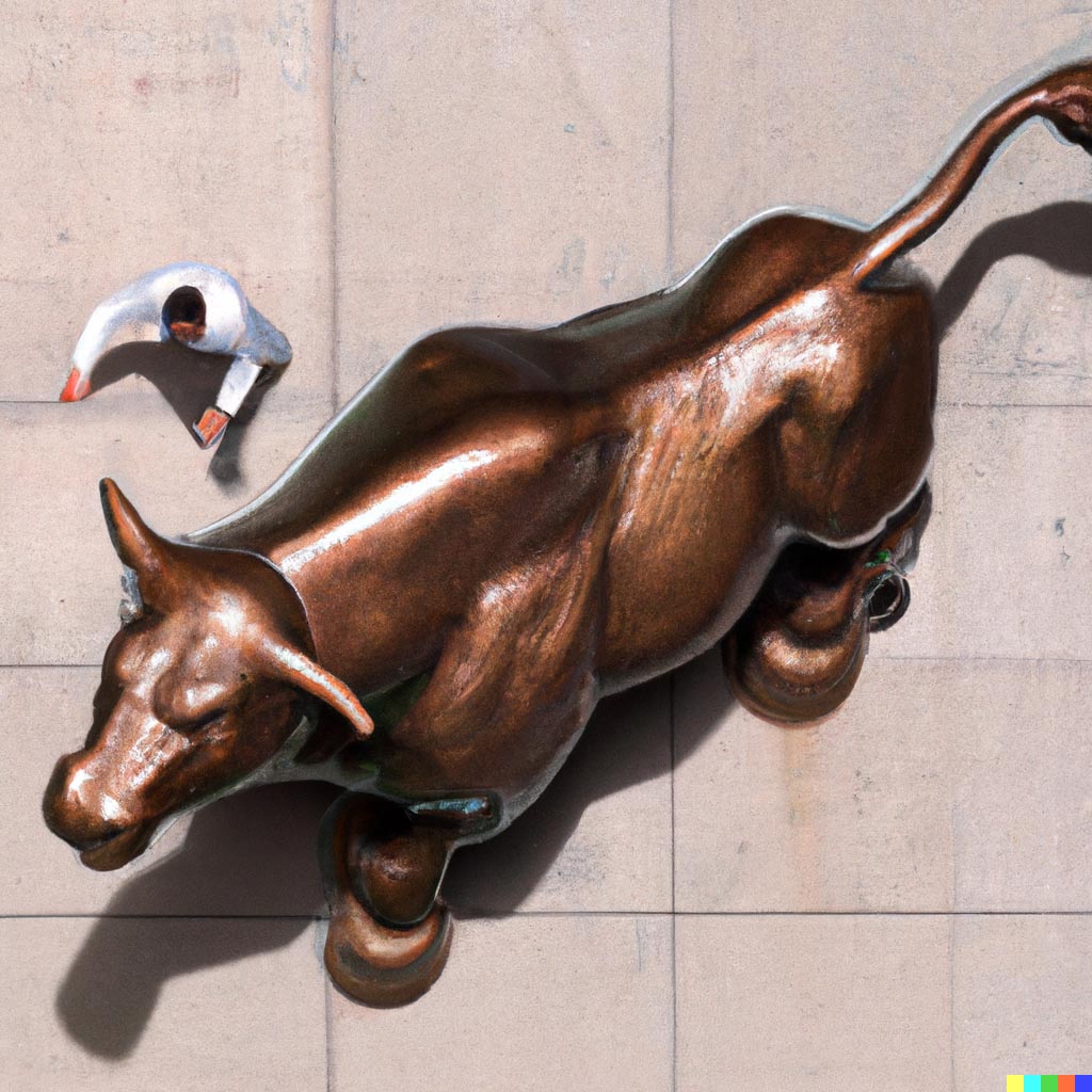 DALL·E prompt: Aerial view of a data scientist in a lab coat wearing glasses riding on top of a bronze wall st bull, The Wolf of Wall Street (2013)